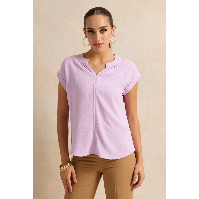 Women Lilac Roll Up Sleeve Blouse