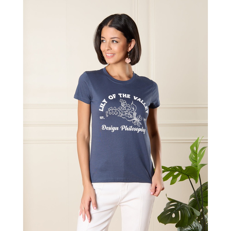 Women Navy Lilly of The Valley Print T-Shirt