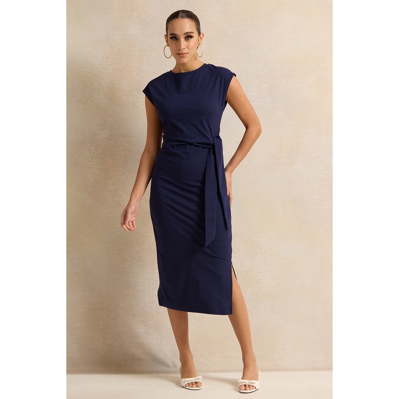 Women Navy Tie Jersey Shift Dress