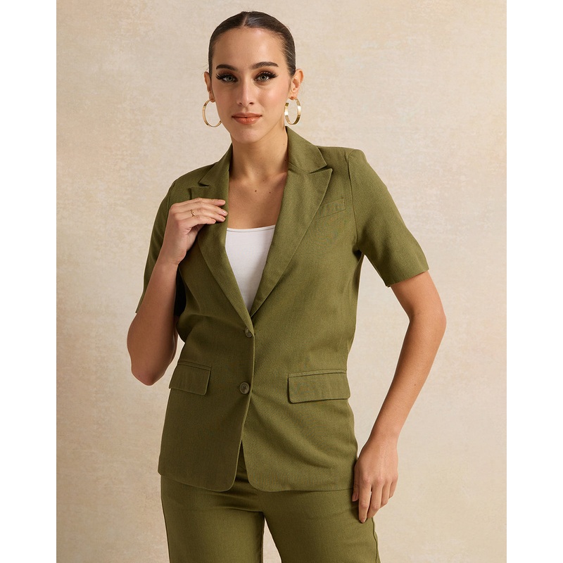 Women Olive Short Sleeve Blazer