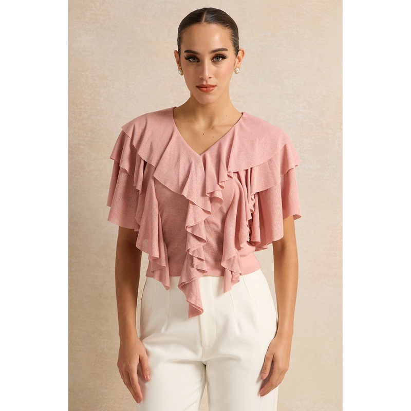 Women Pink Ruffle V Neck Jersey Top