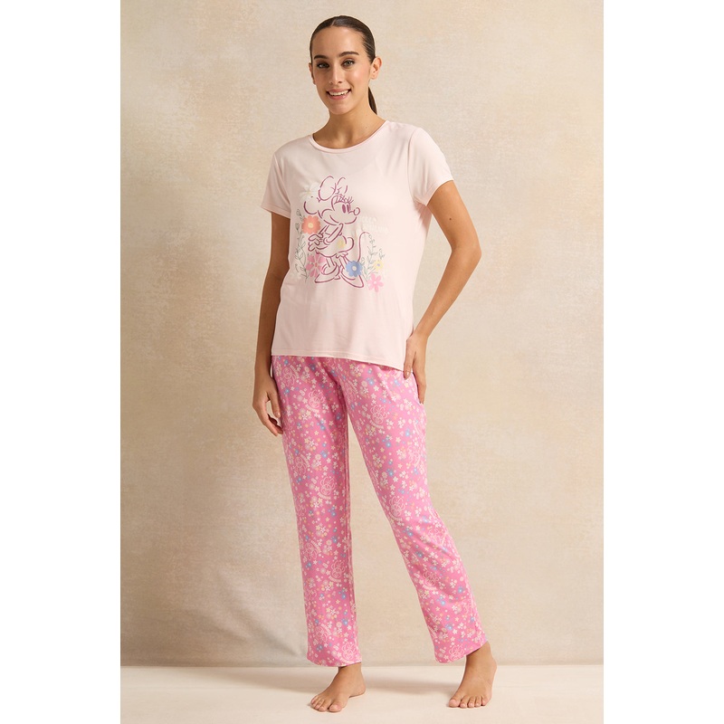 Women White And Pink Printed Pyjama Set (2 Piece)