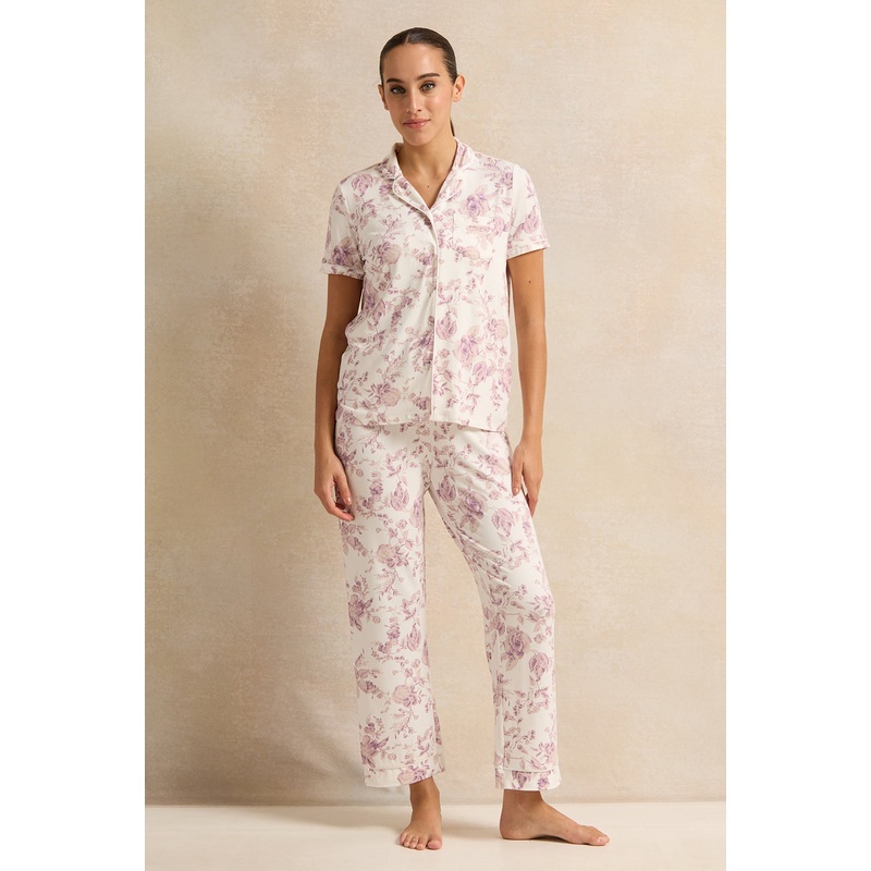 Women White Floral Print Pyjama Set ( 2 Piece)