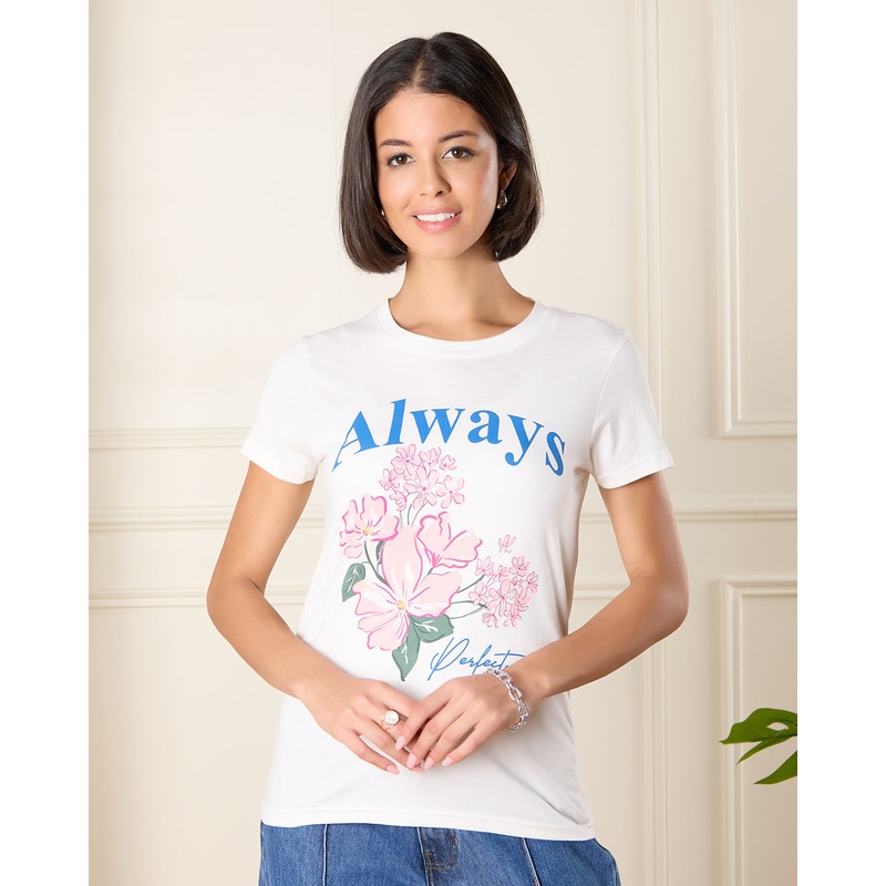 Women White Floral Print T-Shirt
