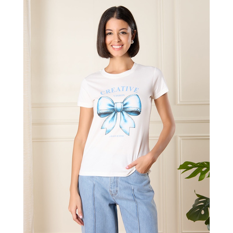 Women White Ribbon Print T-Shirt