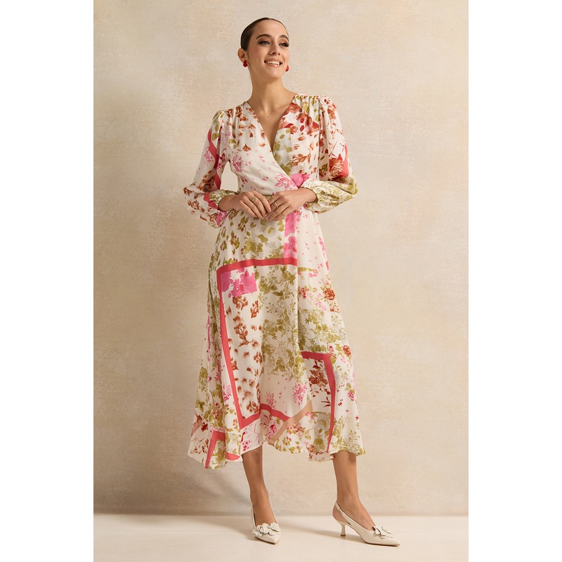 Women White Scraf Print Wrap Satin Dress