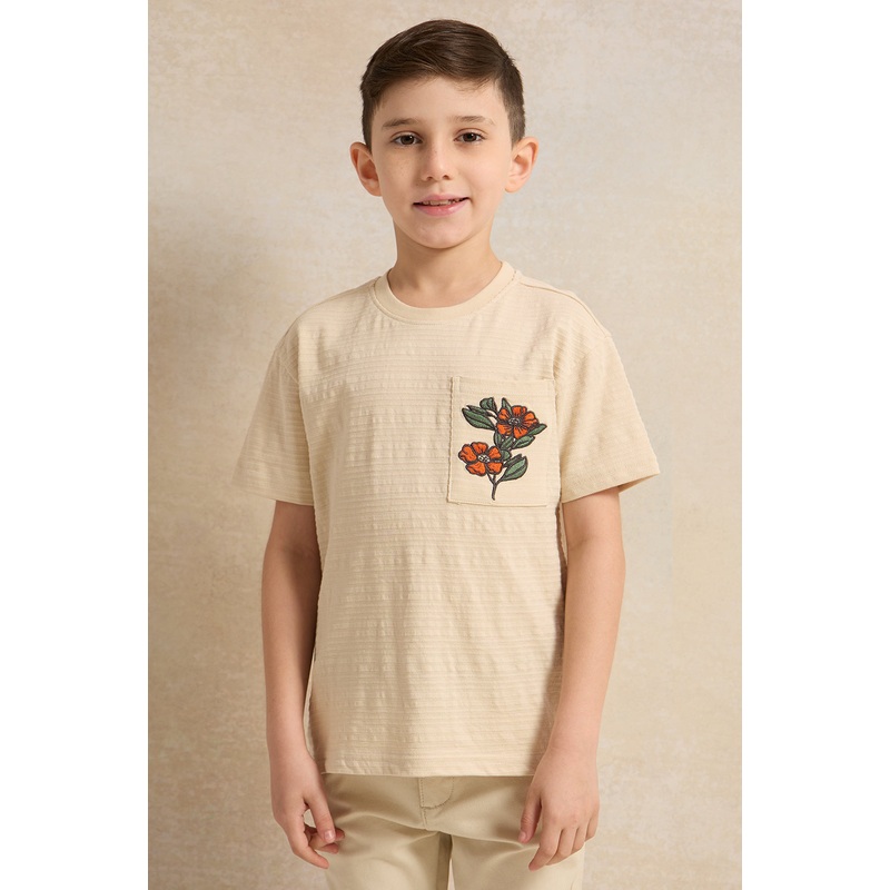 Boys Beige Embroidered T-Shirt
