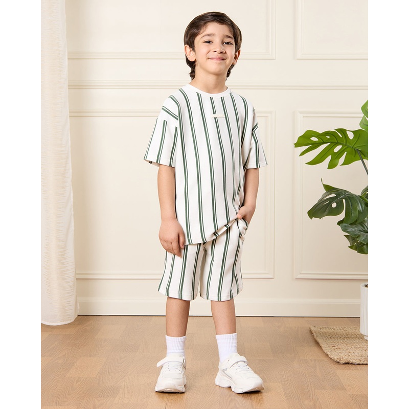 Boys Beige Striped T- Shirt And Shorts Set (2 Piece)