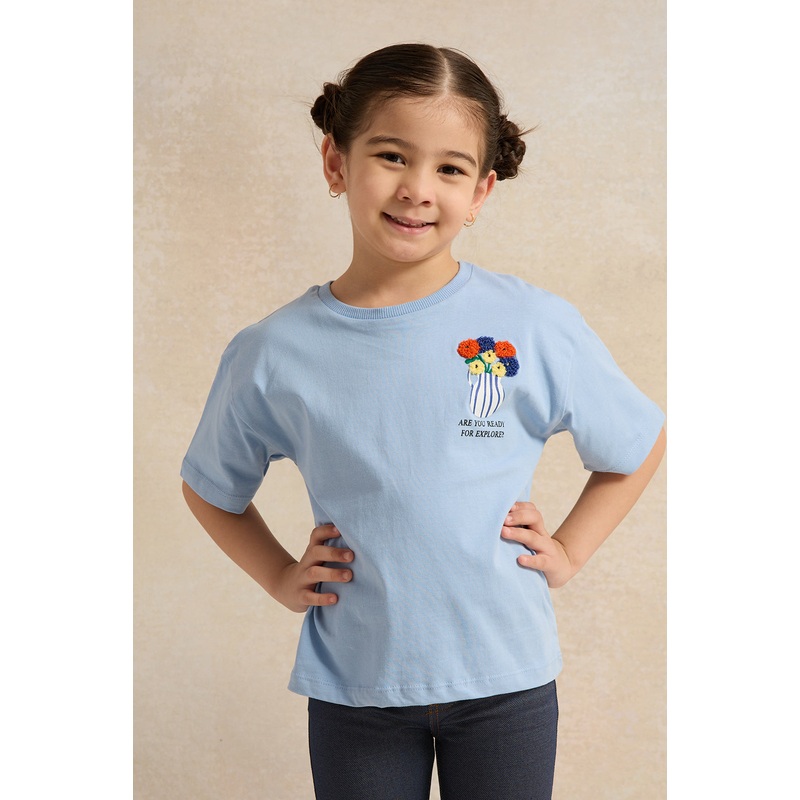 Girls Blue Embroidered T-Shirt