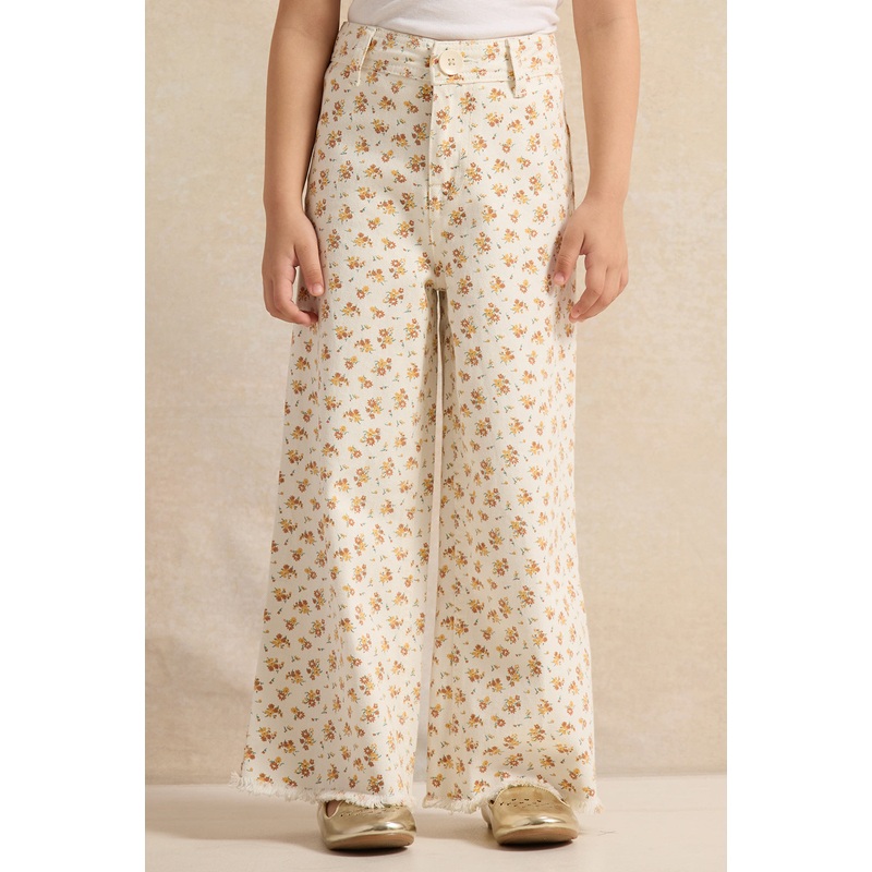 Girls Cream Printed Denim Wide Leg Trousers