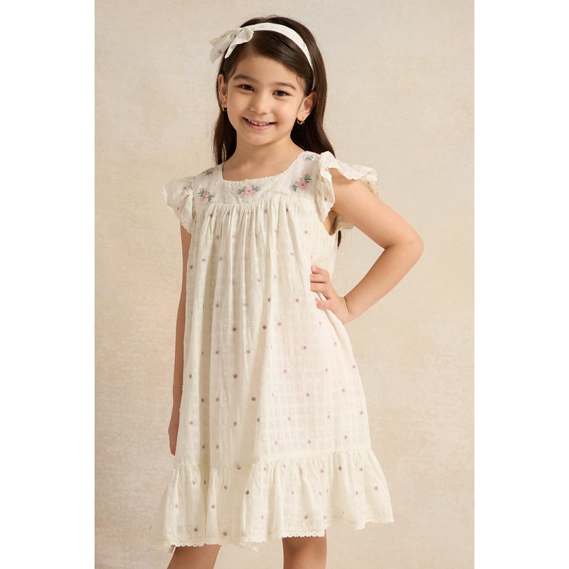 Girls Ivory Embroidered Dress With Headband (2 Piece)