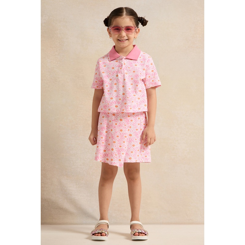 Girls Pink Printed T-Shirt And Skort Set (2 Piece)