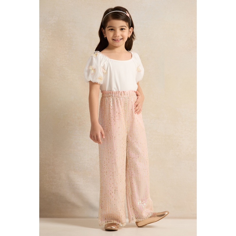 Girls White And Apricot Sequins Embellished Set (2 Piece)