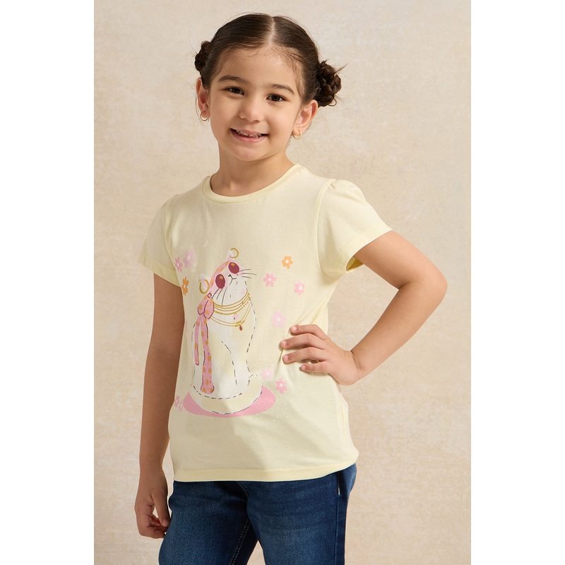 Girls Yellow Printed T-Shirt|2-3 Years|3-4 Years|4-5 Years|5-6 Years|6-7 Years|7-8 Years