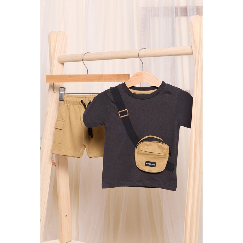 Infant Boys Charcoal and Beige Embellished Set (2 Piece)