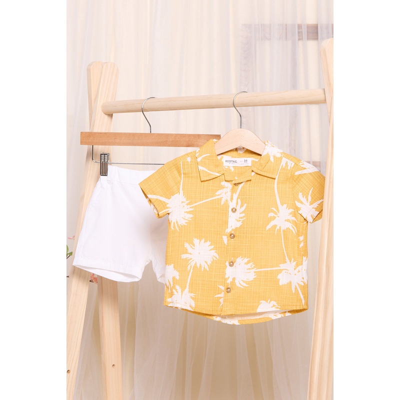Infant Boys Mustard And White Printed Shirt With Shorts Set (2 Piece)