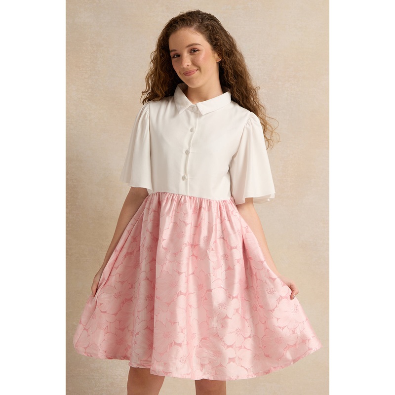 Senior Girls White &Pink Floral Print Dress