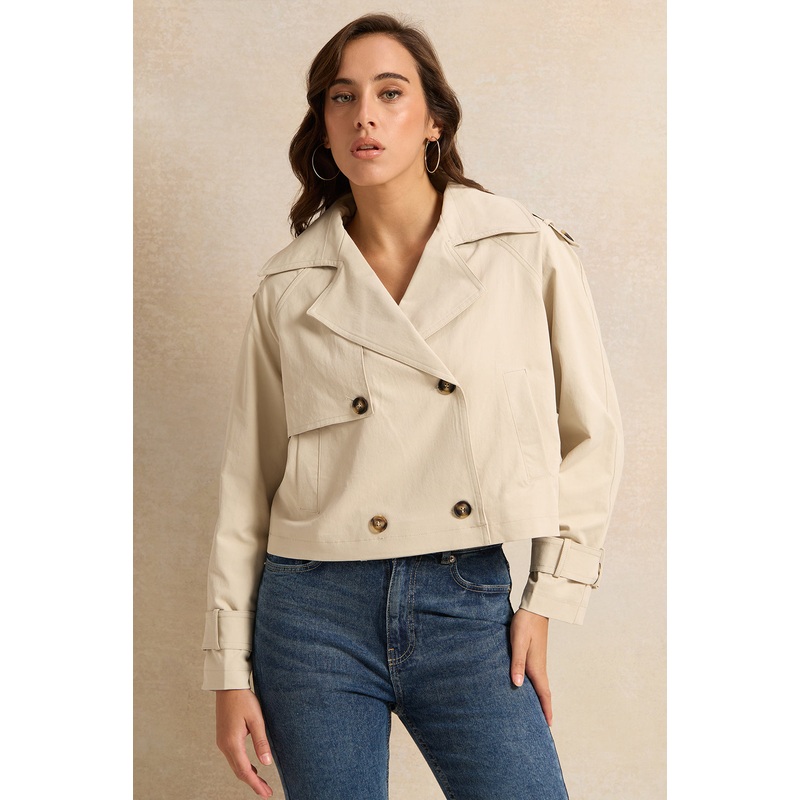 Women Beige Belted Trench Crop Coat
