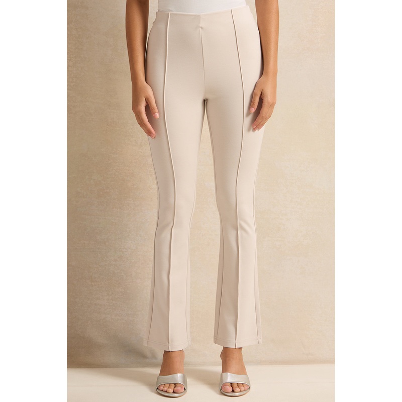 Women Beige Front Pleat Flare Leggings