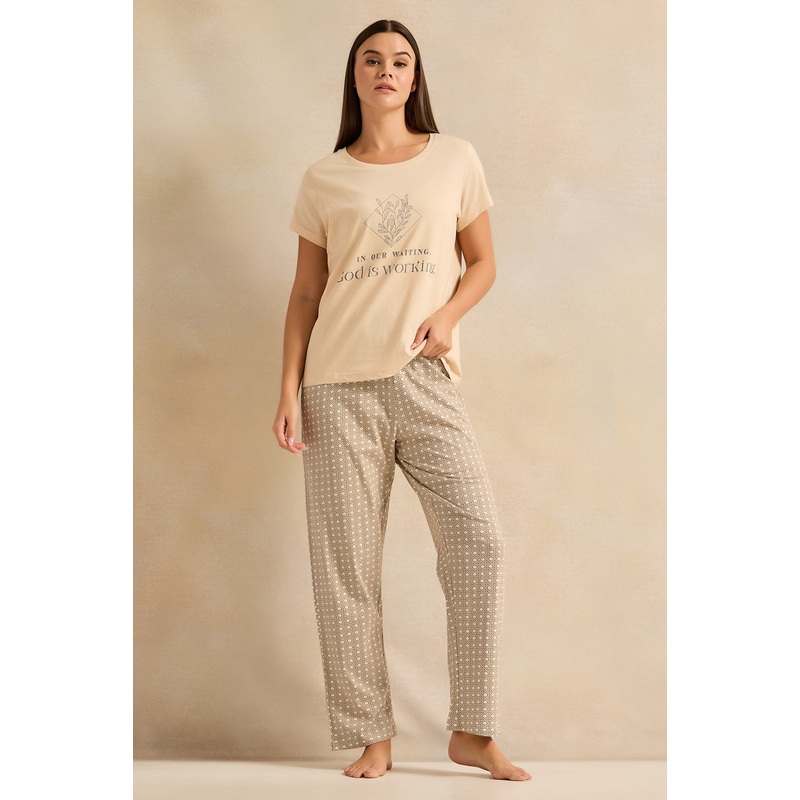 Women Beige Geometric Print Pyjama Set (2 Piece)