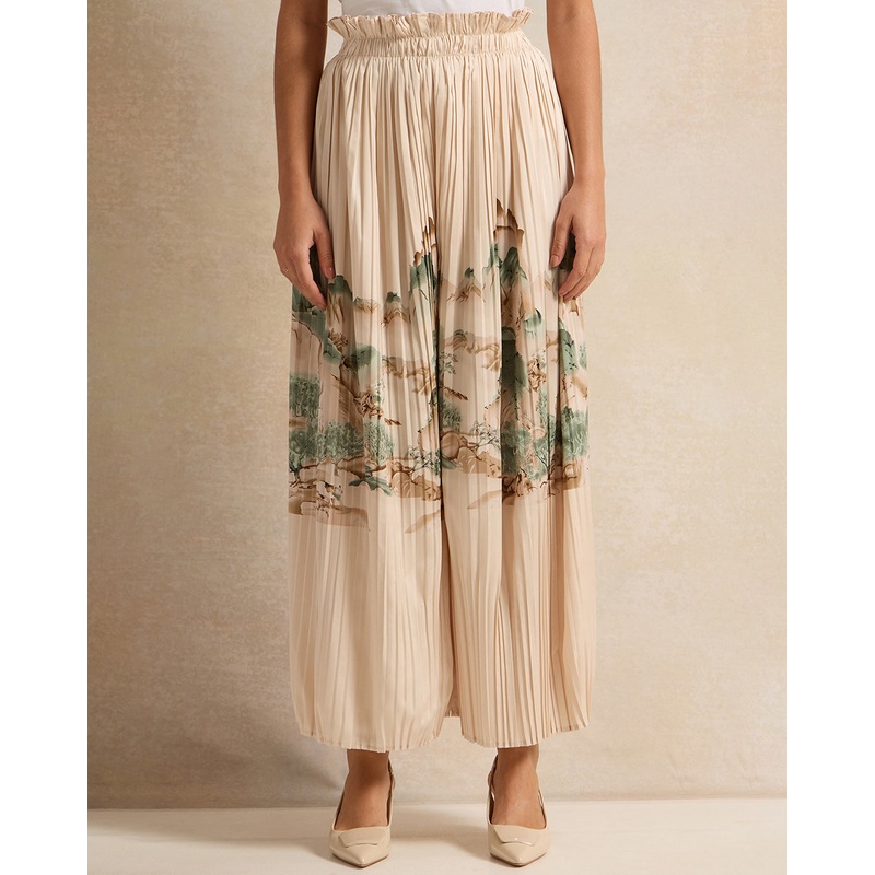 Women Beige Pleated Printed Satin Trouser