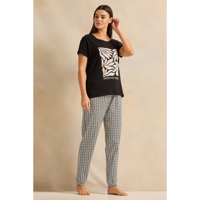 Women Black And Grey Geometric Print Pyjama Set (2 Piece)