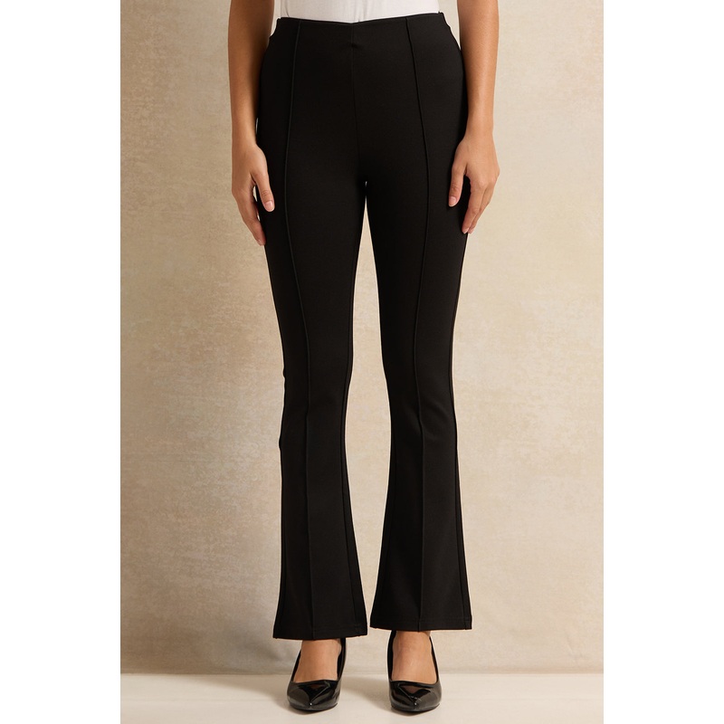 Women Black Front Pleat Flare Leggings