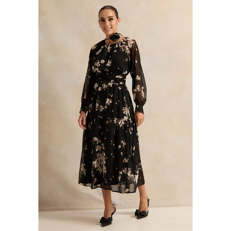 Women Black Neck Tie Corsage Dress
