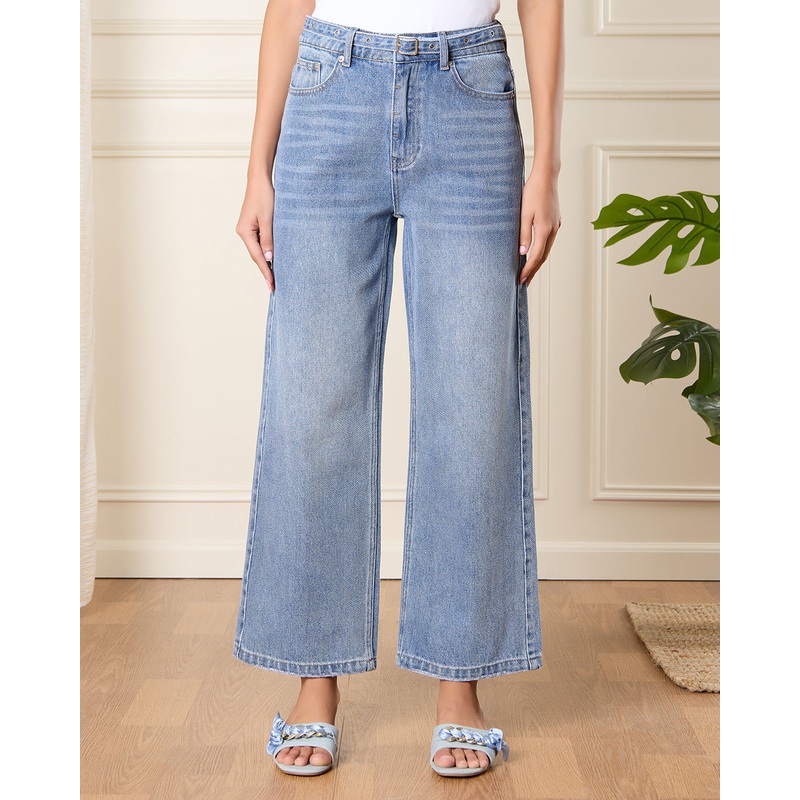 Women Blue Wide Leg Belted Jeans