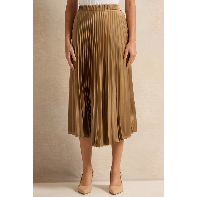 Women Bronze Pleated Mid Length Skirt