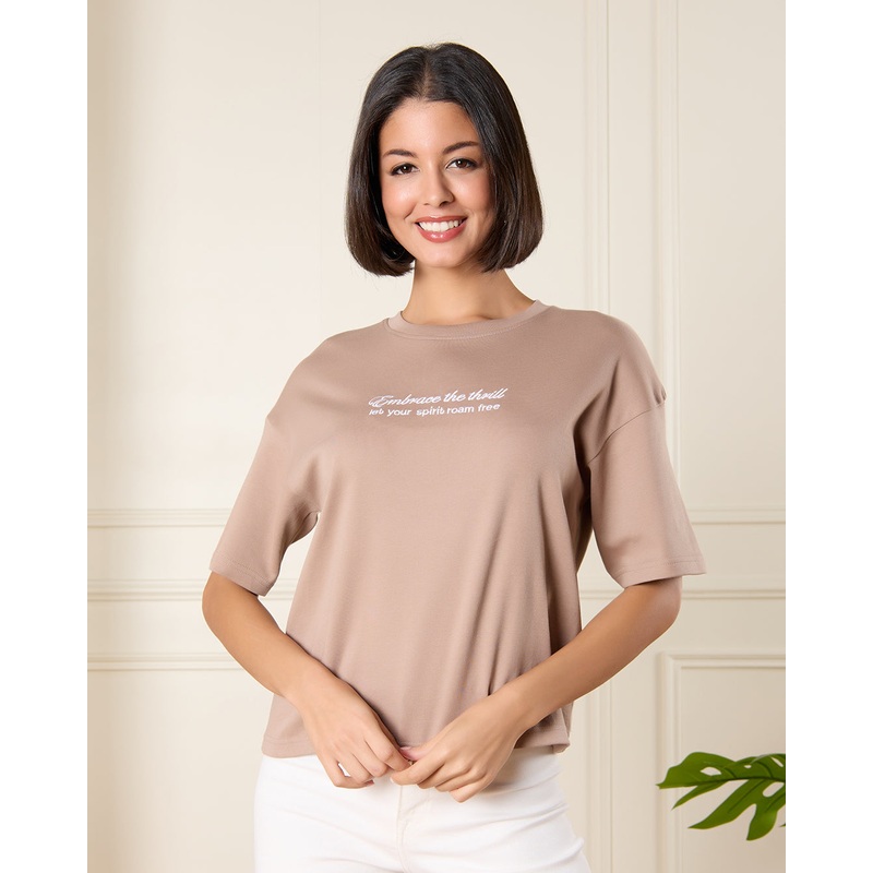 Women Brown Embroidered T-Shirt