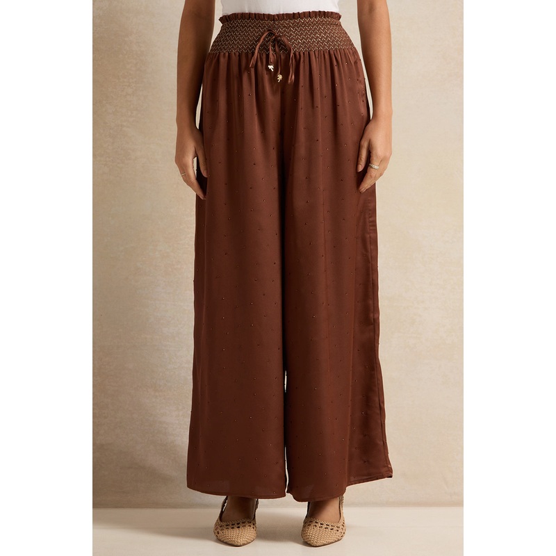 Women Brown Ruched Waist Flared Trouser
