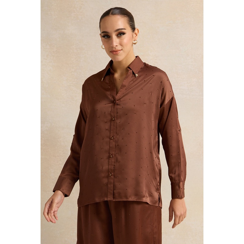 Women Brown Solid Collared Shirt