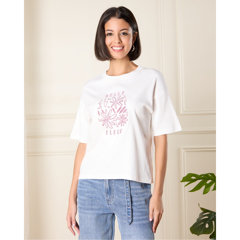 Women Cream Embroidered T-Shirt