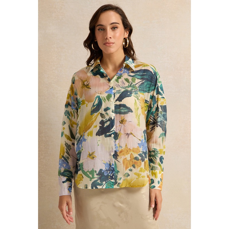 Women Cream Printed Oversize Shirt