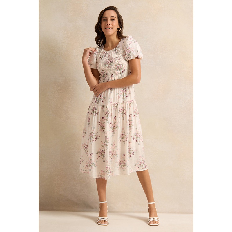 Women Cream Printed Smocked Dress