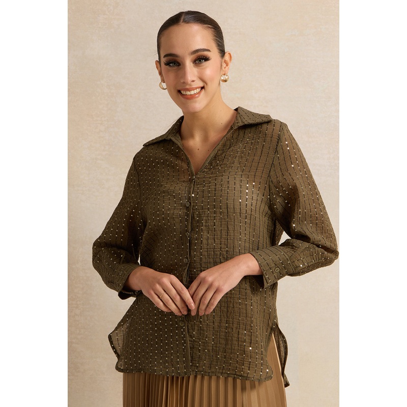 Women Green All Over Thread Sequin Shirt
