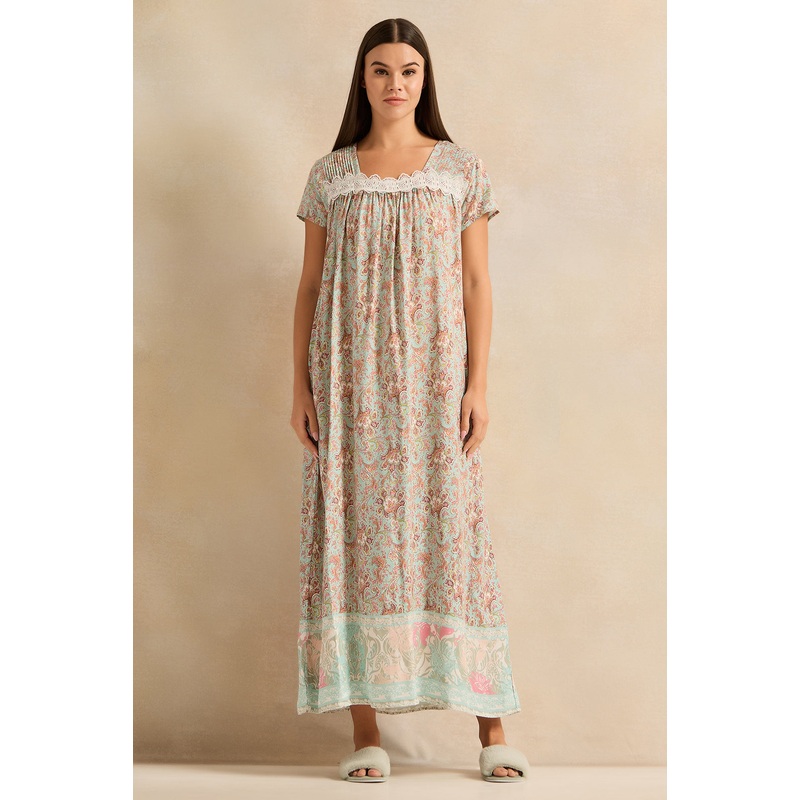 Women Green With Pink Floral Nightgown