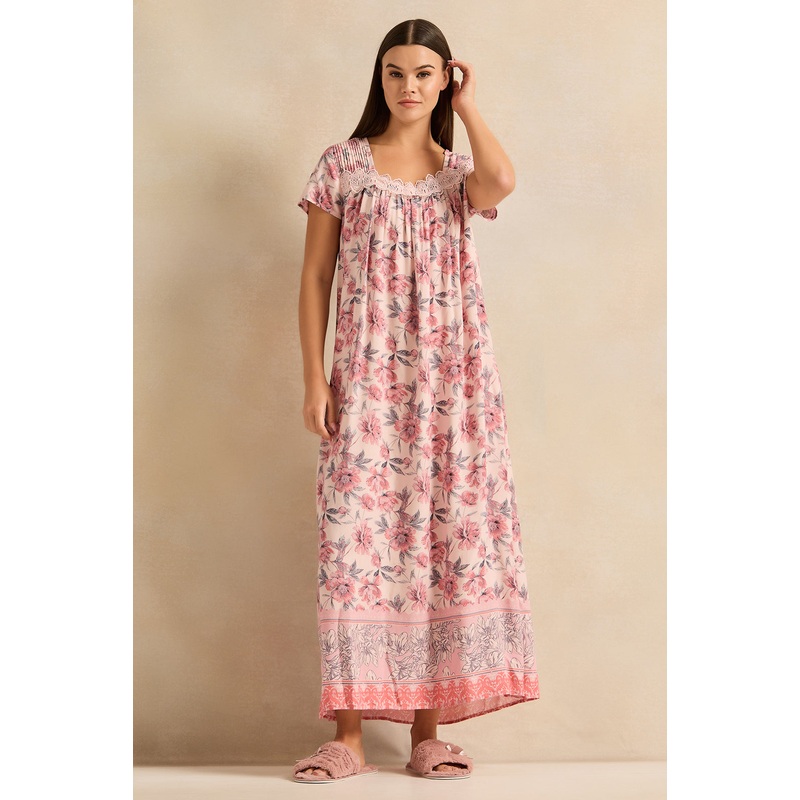 Women Ivory Floral With Lace Detail Nightgown