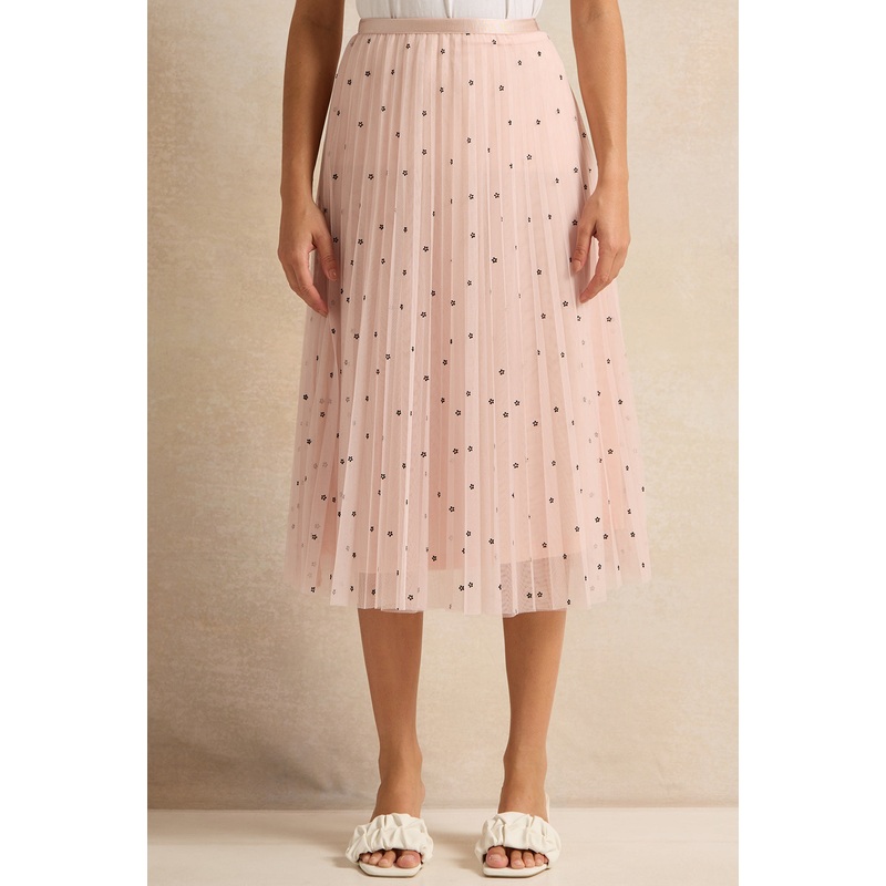 Women Pink Pleated Mesh Spot Print Skirt