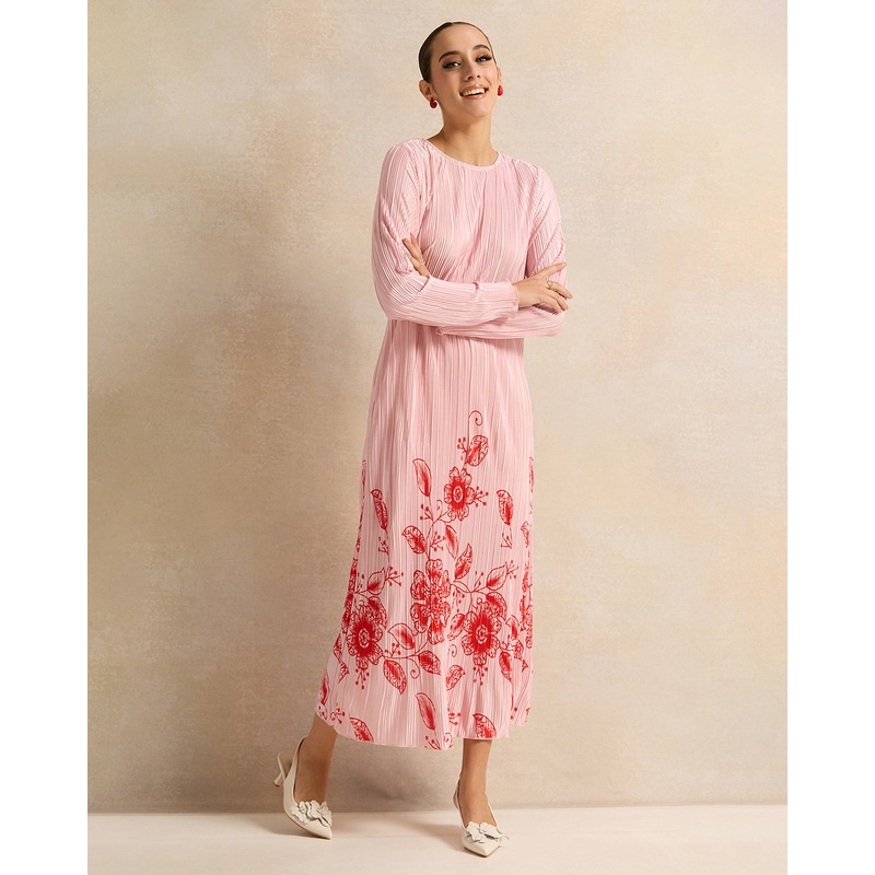 Women Pink Print Detailed Plisse Maxi Dress