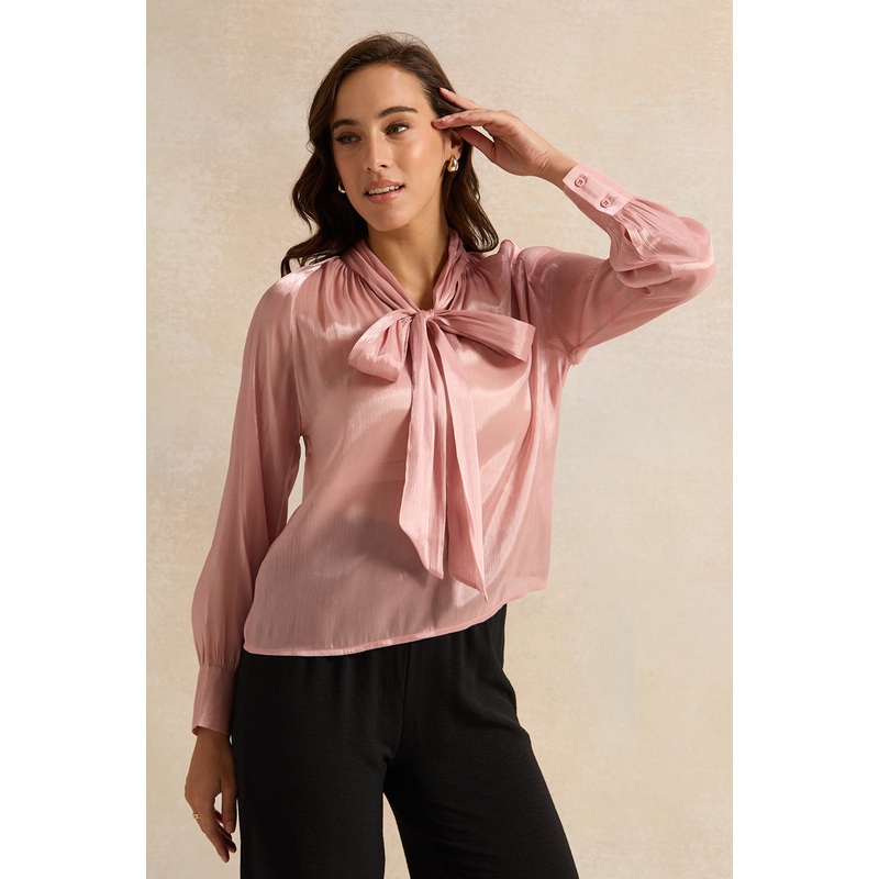 Women Pink Shimmer Front Tie Up Blouse