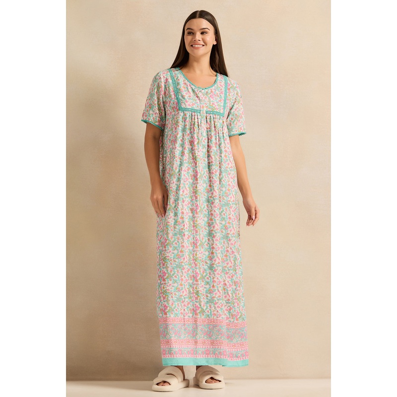 Women Pink Short Sleeve Printed Nightgown