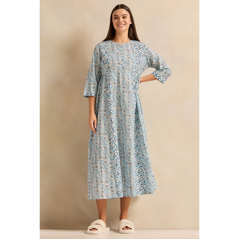 Women Teal Lurex Printed Nightgown