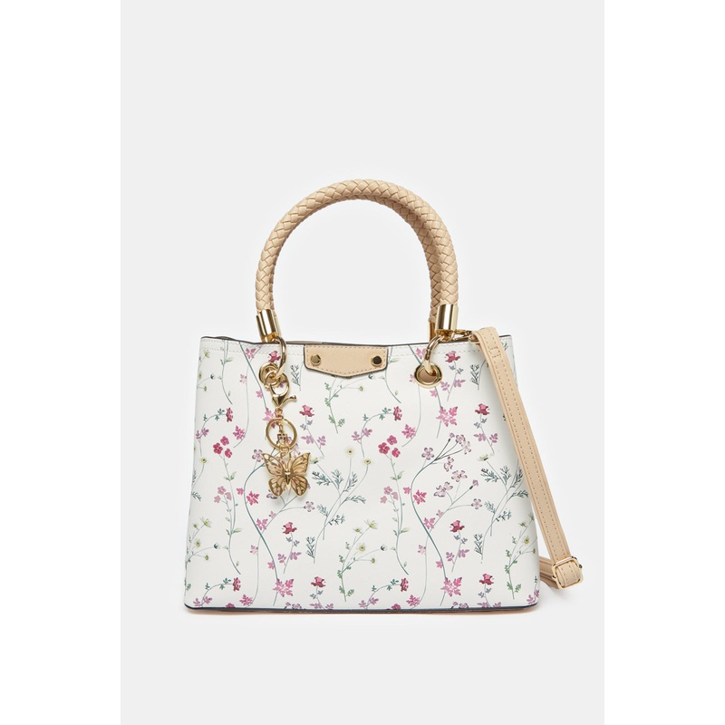 Women White Printed  Braided Handle Handbag