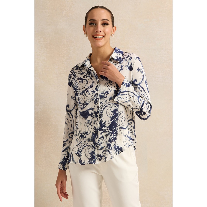 Women White Printed Satin Shirt