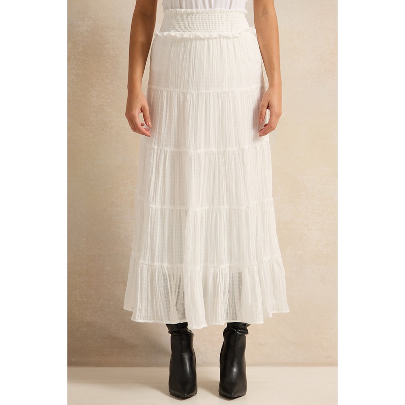 Women White Tiered Smocked Waist Skirt