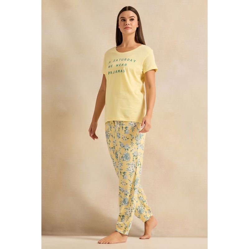 Women Yellow And Green Floral Print Pyjama Set (2 Piece)