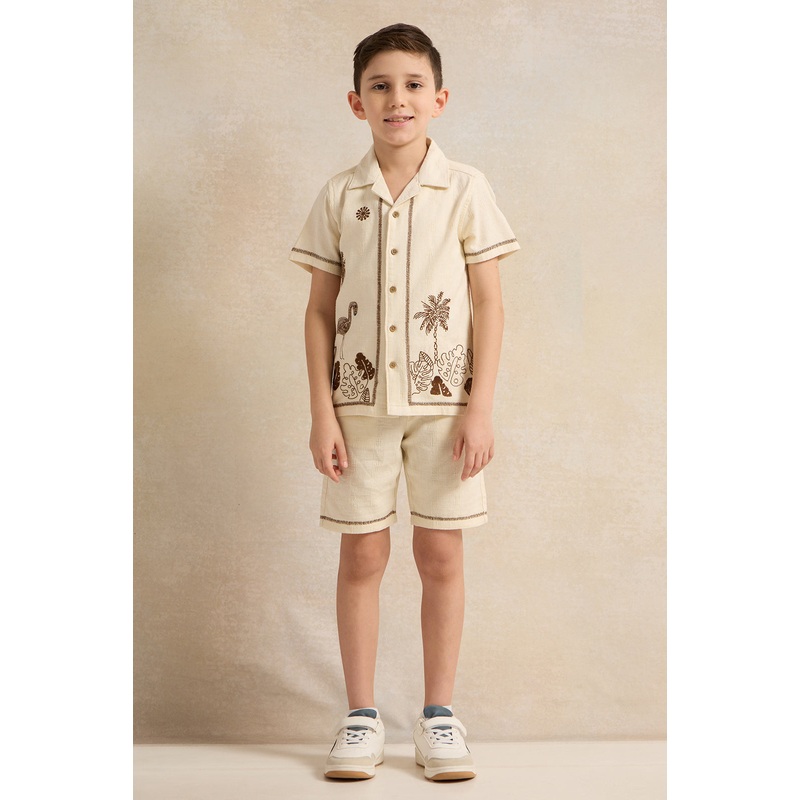 Boys Beige Collared Embroidered Casual Set (2 Piece)