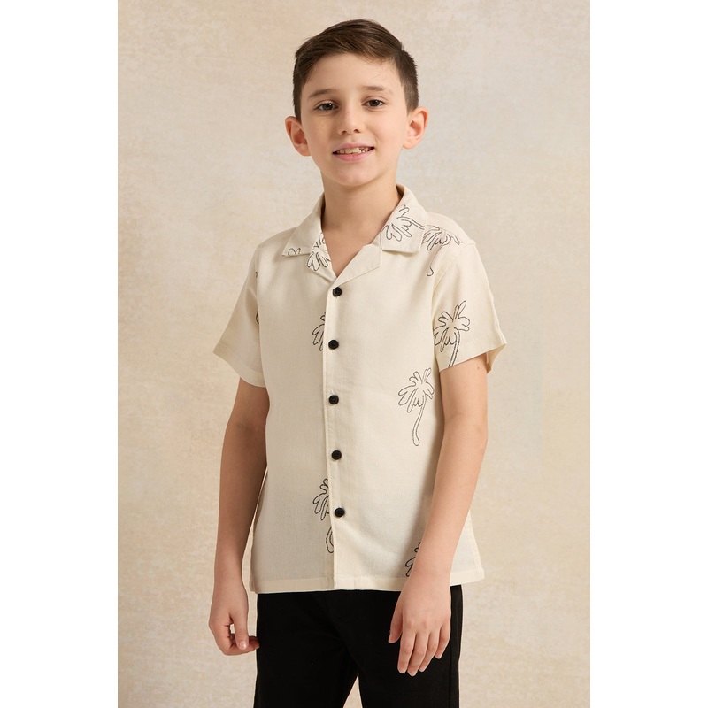 Boys Beige Palm Print Short Sleeved Shirt